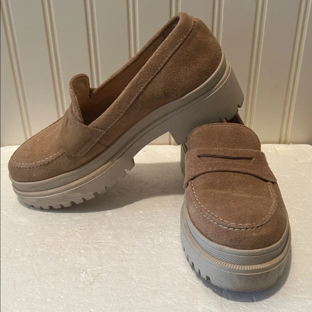 Patina chunky dental platform Tan Suede Loafers cushion leather insoles size 7
